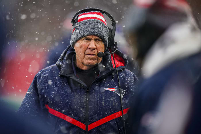 Jan 7, 2024; Foxborough, Massachusetts, USA; New England Patriots head coach Bill Belichick watches from the sideline as they take on the New York Jets at Gillette Stadium.
